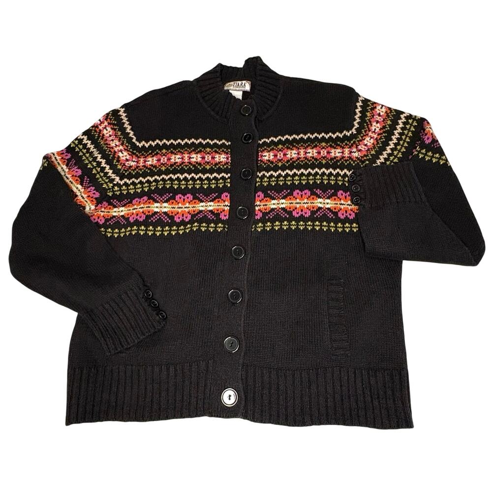 Vintage Tiara International Fair Isle Cardigan Sweater Women's L Black